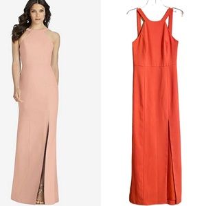NWT Dessy Collection High-Neck Backless Crepe Trumpet Gown in Firecracker
